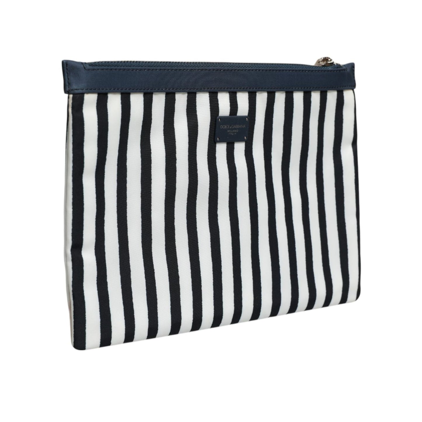 Dolce & Gabbana Black White Striped Logo Plaque Clutch Pouch Bag BAG4684