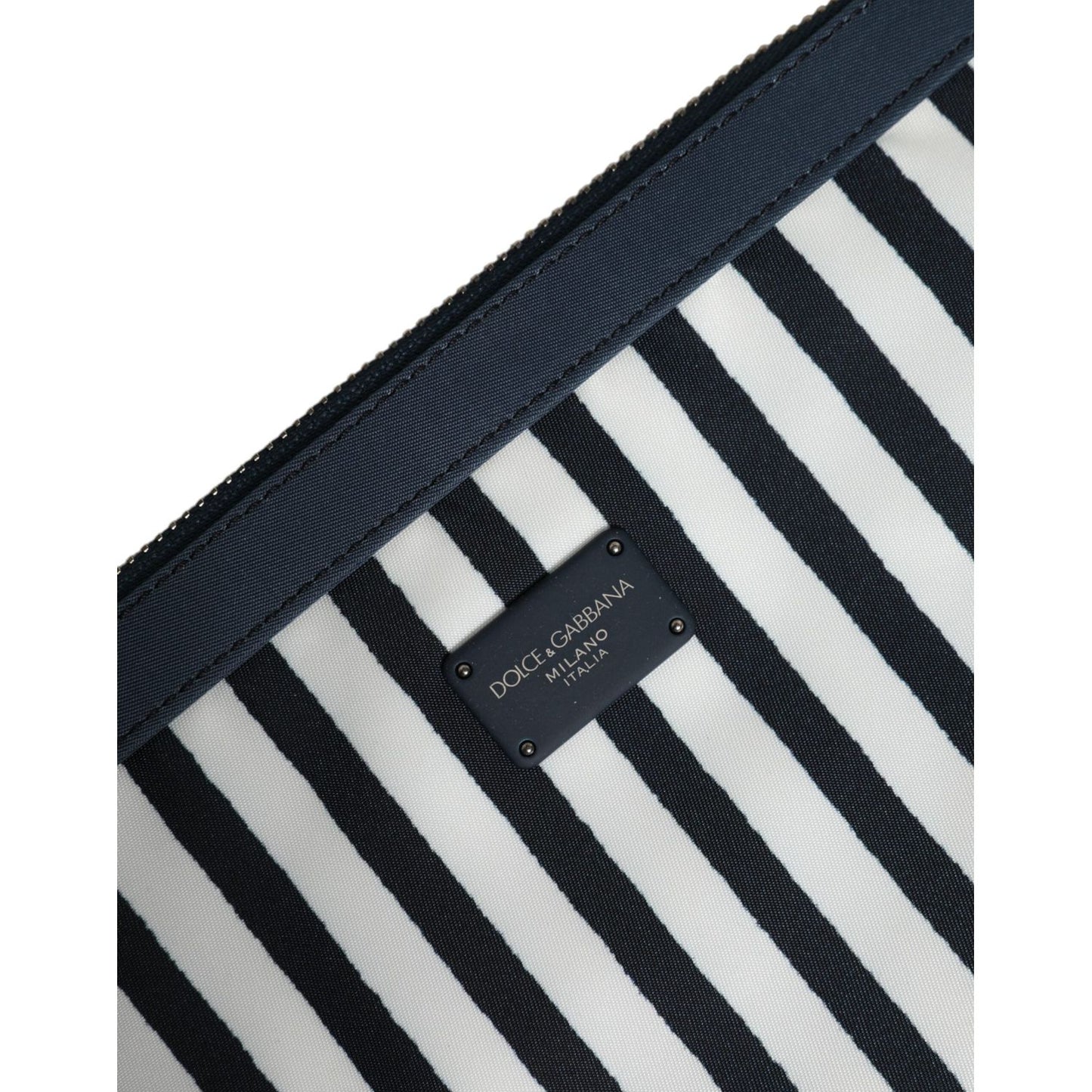 Dolce & Gabbana Black White Striped Logo Plaque Clutch Pouch Bag BAG4684