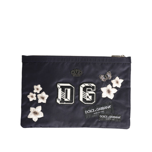 Dolce & Gabbana Blue DG Logo Patch Embellished Pouch Clutch Men Borse Bag, blue nylon with crown and floral patches