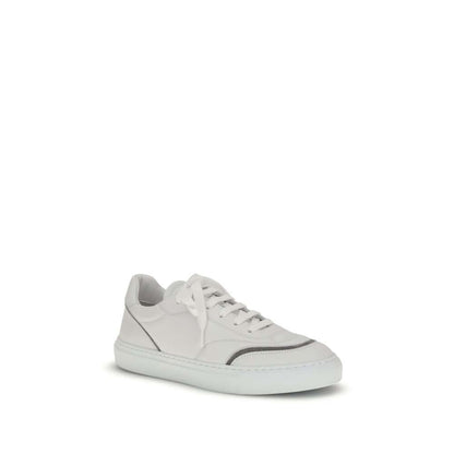 Brunello Cucinelli White Calf Leather Bos Taurus Low Top Sneakers with shiny monili decoration and durable TPU rubber sole.