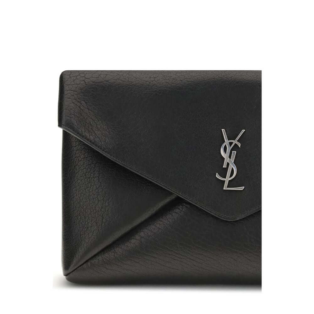 Saint Laurent Black Calf Leather Bos Taurus Clutch Bag with silver logo, AW25, magnetic closure, 30x30x5, 100% calf leather