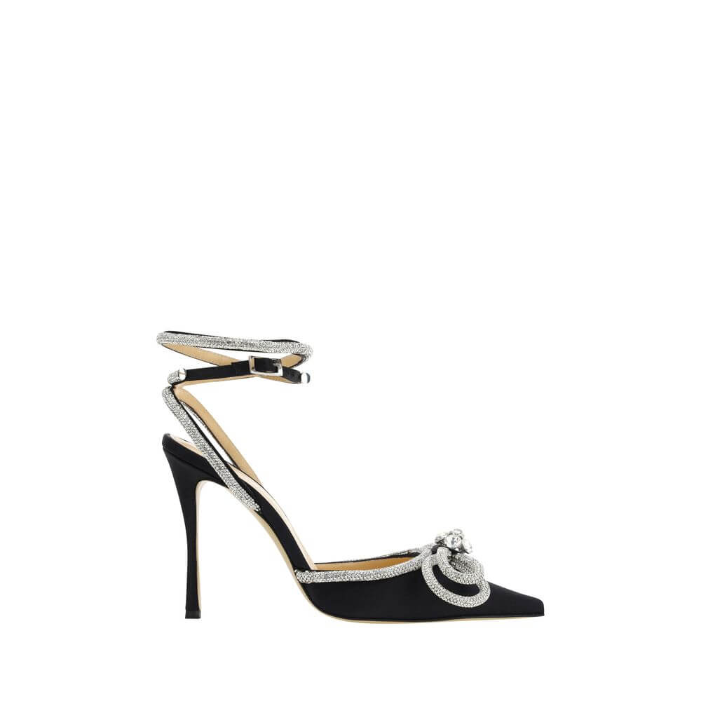 MACH & MACH Black Silk Stiletto Heel Sandals with geometric toe, shiny bow with beaded appliqué, adjustable strap, calfskin sole.