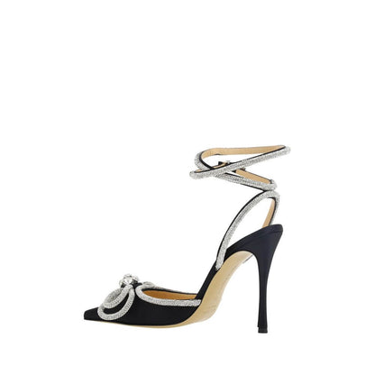 MACH & MACH Black Silk Stiletto Heel Sandals with geometric toe, adjustable ankle strap, satin finish, and beaded jewel bow.
