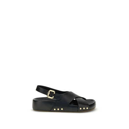 Chloé Mae Sandals with black straps, gold Paddington buckle, and studs, featuring a comfortable anatomical insole for AW25.