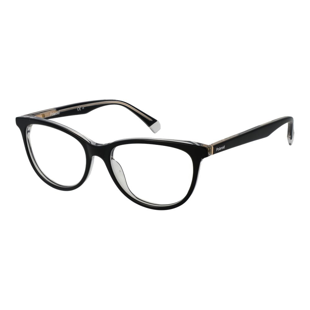 Polaroid Black Women Glasses Frame in black acetate with full-rim oval design and demo lenses, includes branded case.