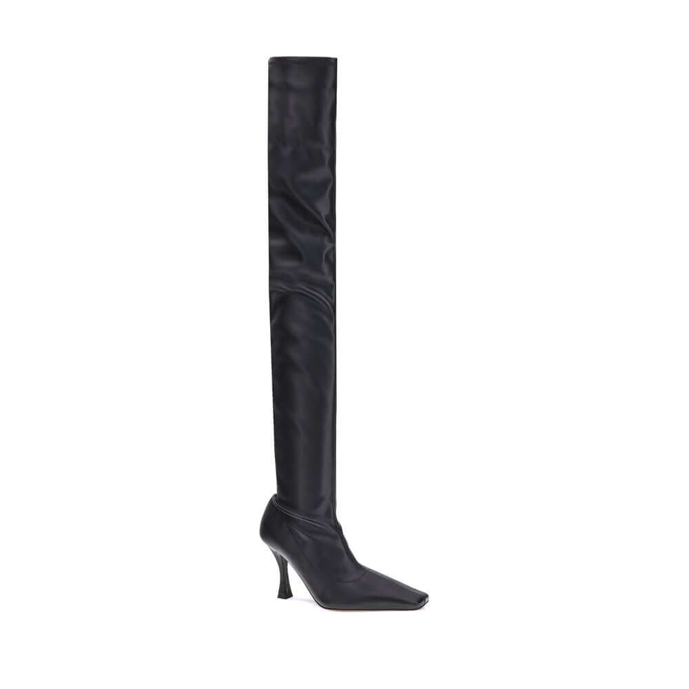 Proenza Schouler Black Polyethylene Over The Knee boots featuring stretch nappa leather and stiletto heel, AW25 collection.