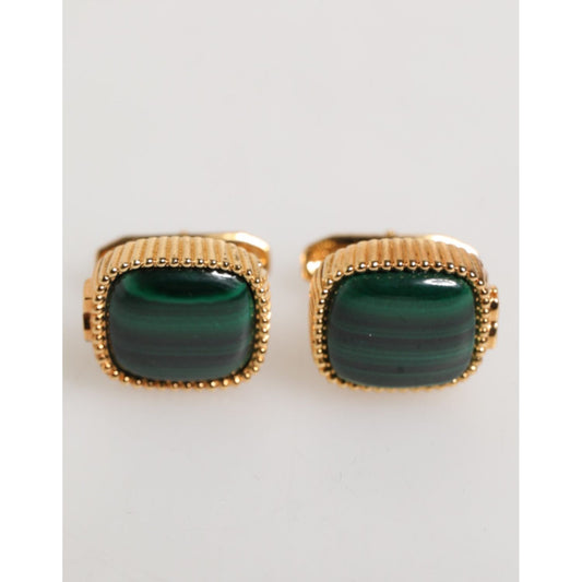 Dolce & Gabbana Gold Malachite Green Stone Square Men's Accessory Cufflink with beaded border and ribbed accents.