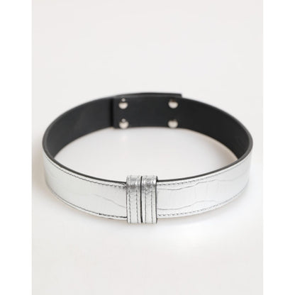 Dolce & Gabbana Silver Textured Leather Gold Tone Metal Neckband