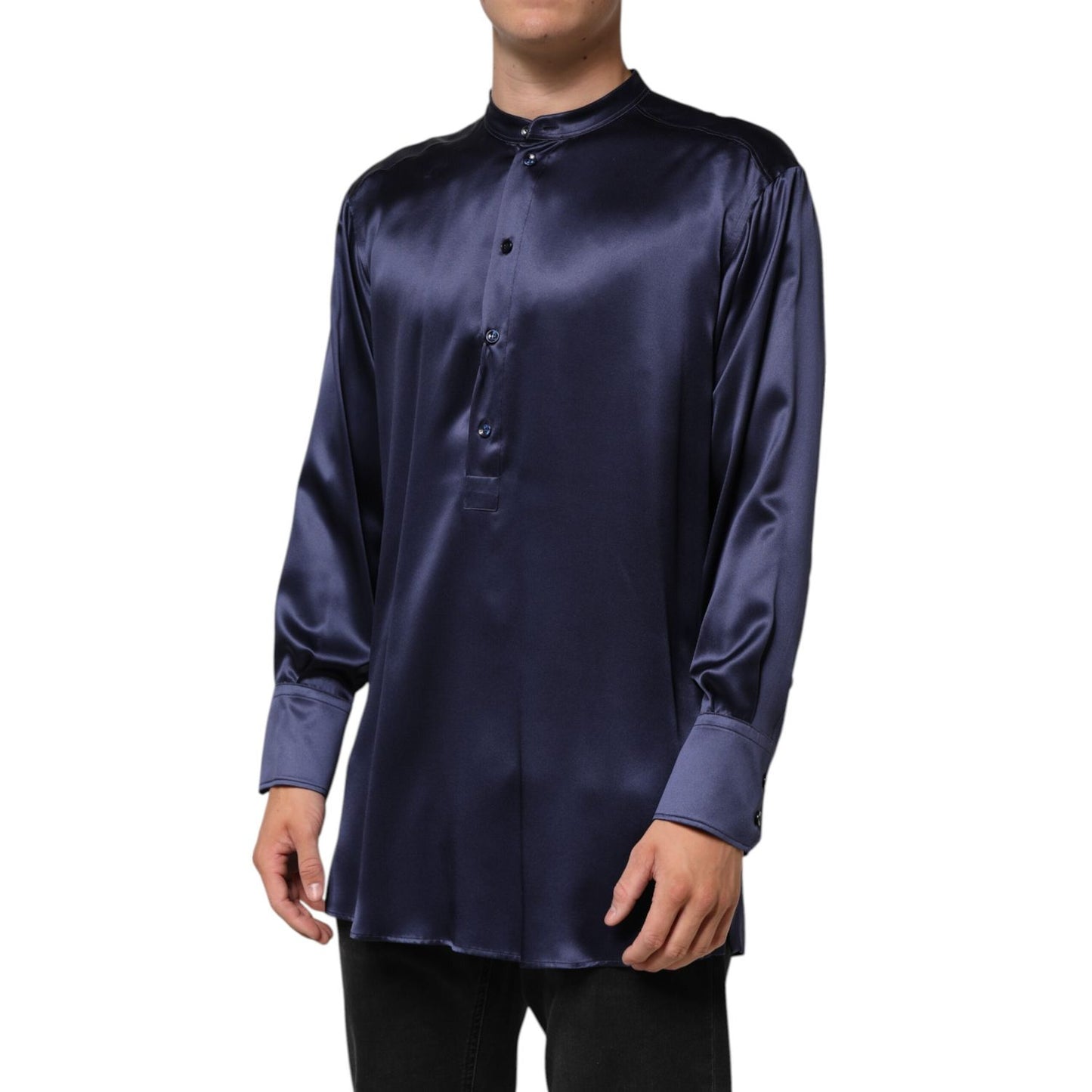 Dolce & Gabbana Navy Silk Long Sleeve Mandarin Collar Shirt