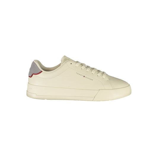Tommy Hilfiger Beige Leather Men Sneaker with grey accents, showcasing a sporty yet sleek design and iconic logo on the side.