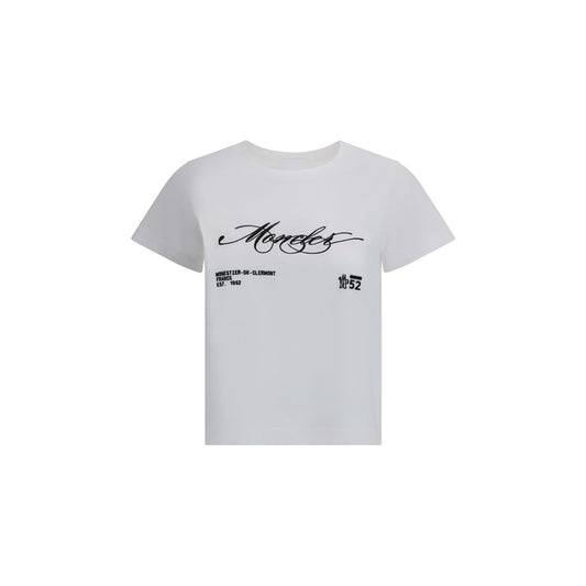 Moncler White Cotton T-Shirt with embroidered logo, ribbed crew neck, and crop cut for a modern look, ideal for casual style AW25 collection.