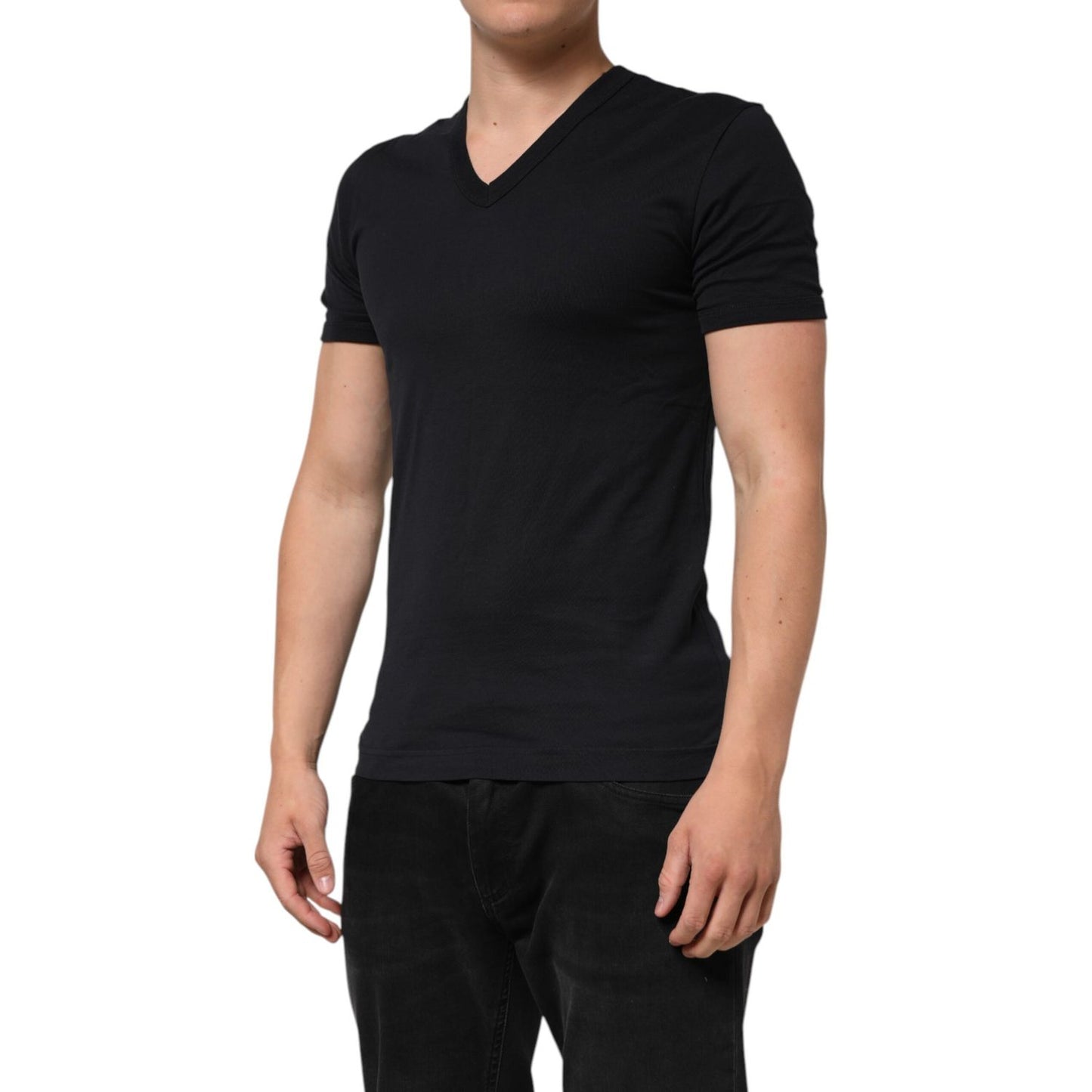 Dolce & Gabbana Black Cotton Plain V-Neck Men Shirt T-shirt