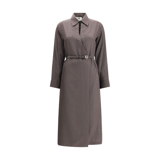 Fendi Brown Silk Casual Dress with jacquard FF pattern, shirt collar, and asymmetrical crisscross closure.
