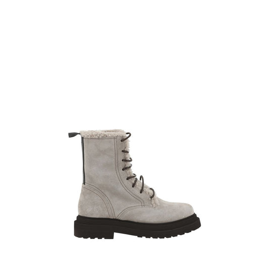 Brunello Cucinelli Gray Rubber Lace-Up Boots with fur-lined interior and suede design for stylish comfort and warmth.