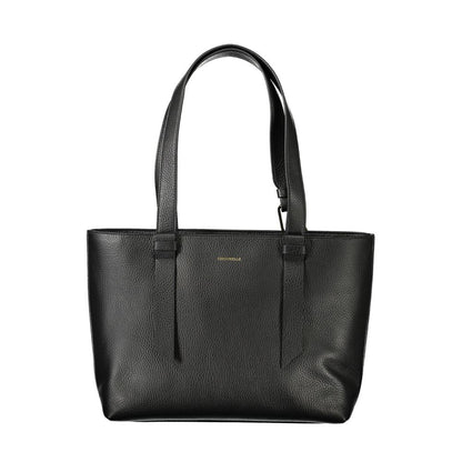 Coccinelle Black Leather Handbag with two shoulder handles, zip closure, and logo, featuring two internal pockets and protective feet.