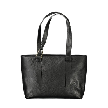 Coccinelle Black Leather Handbag with 2 shoulder handles, zip closure, protective feet and logo design, featuring internal pockets.