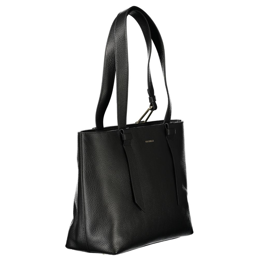 Coccinelle Black Leather Handbag, Malory bag with two shoulder handles, zip closure, protective feet, and internal pockets.