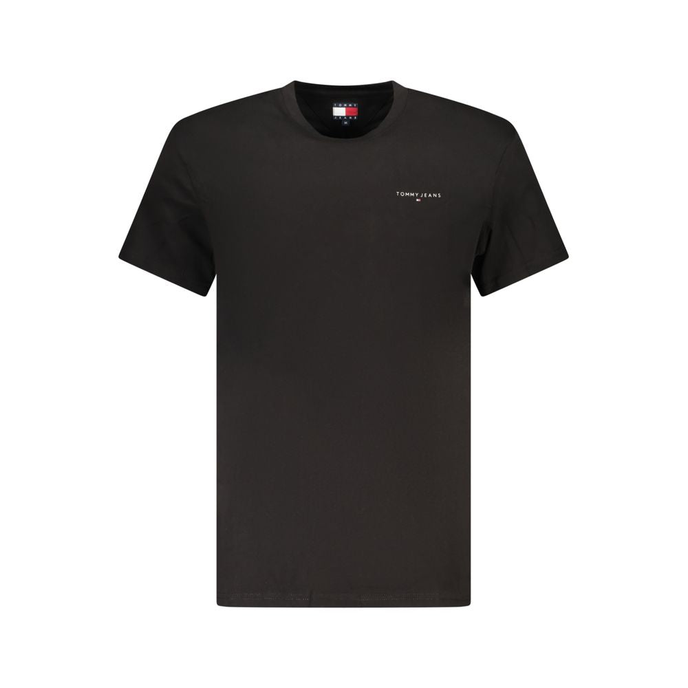 Tommy Hilfiger Black Cotton Men T-Shirt with logo, short-sleeved crewneck, sustainable material, casual luxury fashion style.