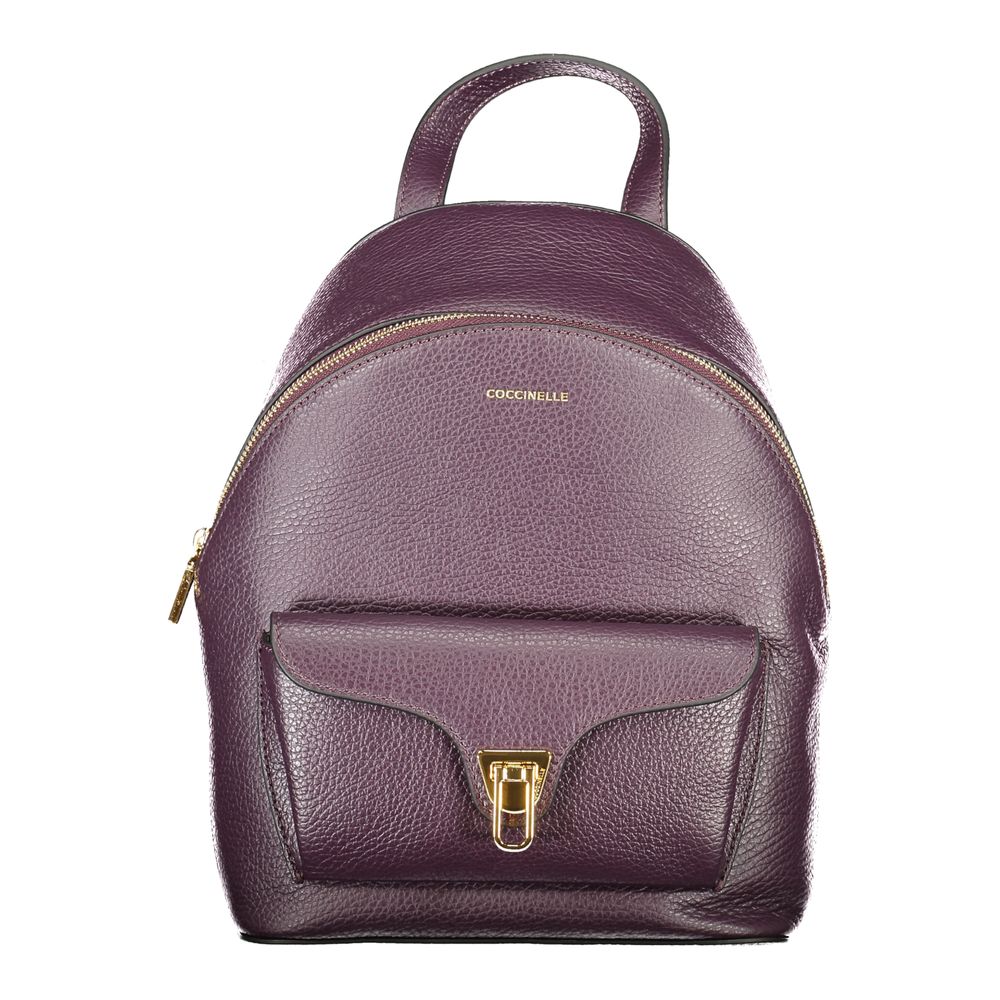 Coccinelle Purple Leather Women Backpack with twist closure and adjustable straps showcasing Italian craftsmanship.