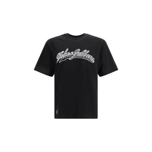 Dolce & Gabbana Black Cotton T-Shirt with logo patch and ribbed crew neck, design for AW25 season, 100% cotton, regular fit.
