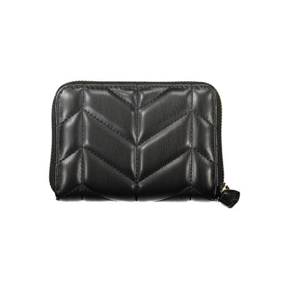 Mario Valentino Black Polyethylene Wallet with contrasting detail, zip closure, logo, and 6 compartments, coin purse, and card spaces.