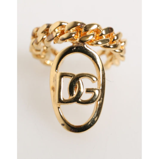 Dolce & Gabbana Gold Tone Brass Oval DG Logo Chain Adjustable Ring with elegant curb chain and Italian craftsmanship.