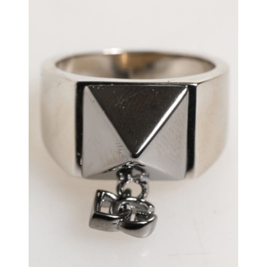 Dolce & Gabbana Silver Tone Pyramid DG Logo Real Brass Ring with bold pyramid design and DG charm in silver brass.