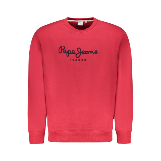 Pepe Jeans Red Cotton Men Sweater with logo print, sustainable cotton mix, bold red color showcasing contemporary style.