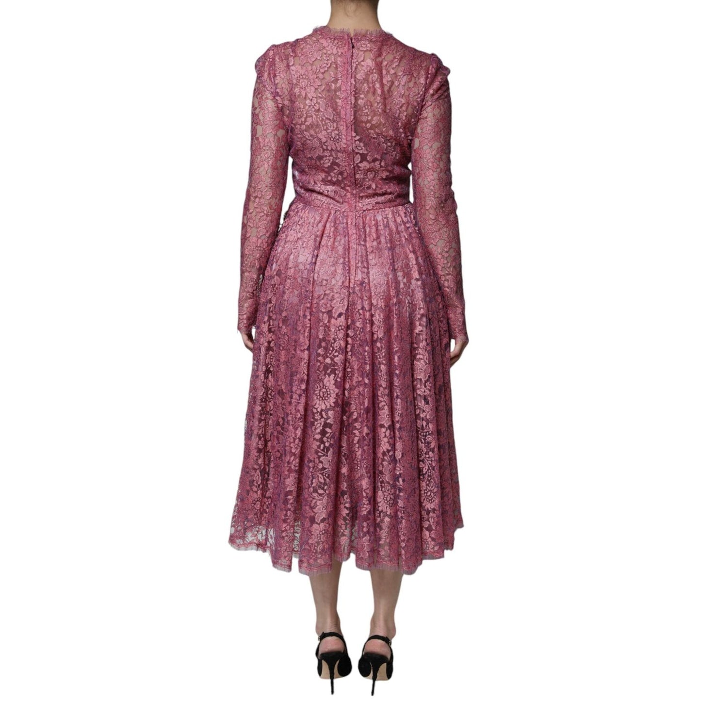 Dolce & Gabbana Pink Floral Lace Long Sleeve Midi Dress DR281191-36