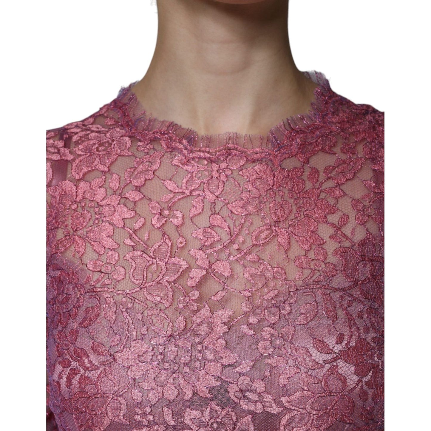 Dolce & Gabbana Pink Floral Lace Long Sleeve Midi Dress DR281191-36