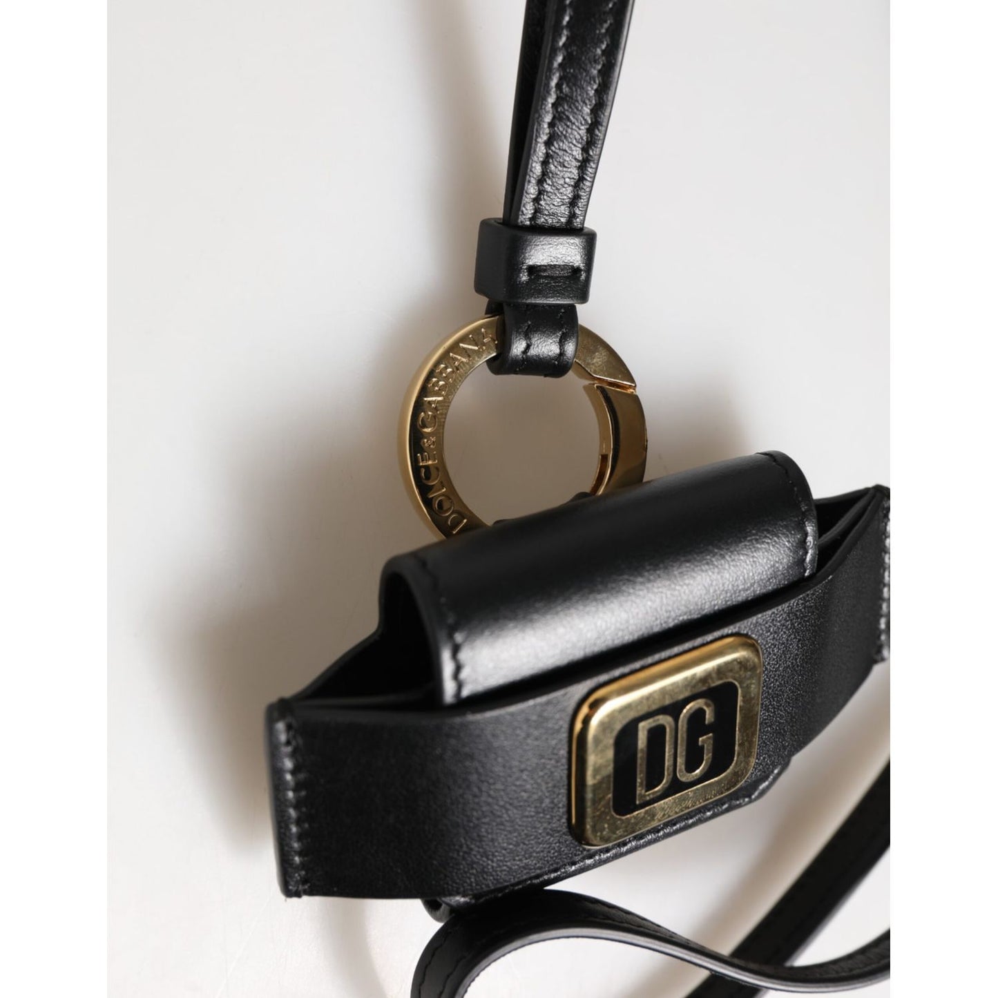 Dolce & Gabbana Black Leather Strap Gold Metal DG Logo Plaque Airpods Case