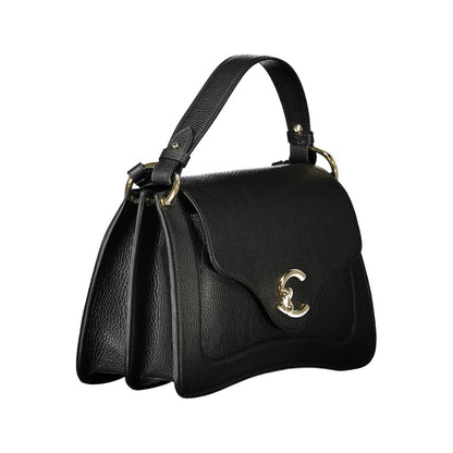 Coccinelle Black Leather Handbag with adjustable strap and logo, two compartments, two pockets, automatic closure