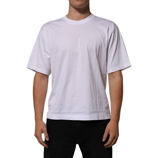 Dolce & Gabbana White Cotton Logo Patch Crew Neck Men T-shirt on model, front view