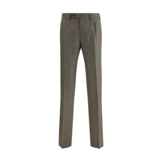 Germano Brown Fleece Wool Casual Pants with houndstooth pattern and straight cut, featuring belt loops and pockets, for AW25 collection.