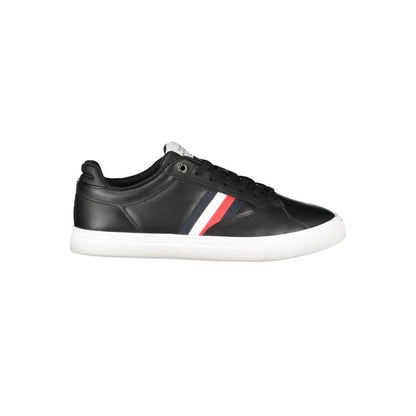 Tommy Hilfiger Black Leather Men Sneaker with contrasting stripe detail.