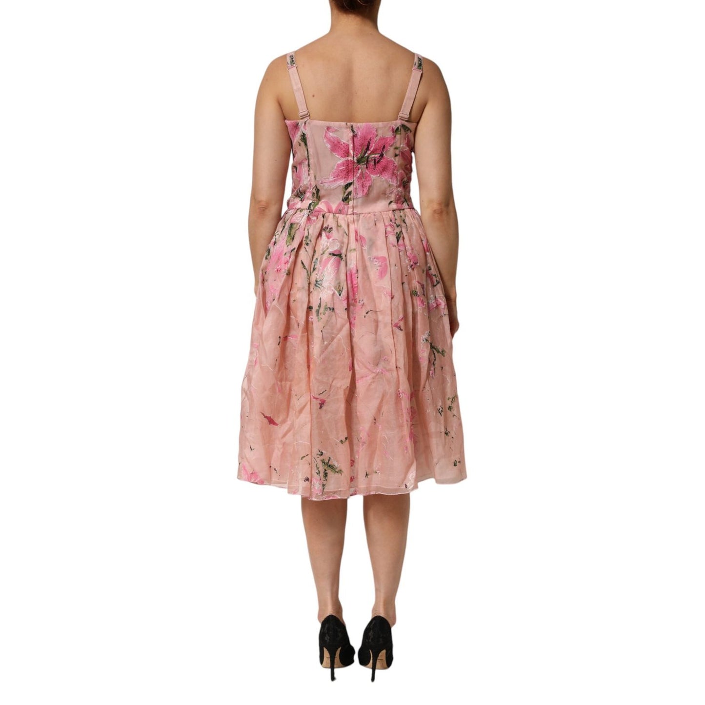 Dolce & Gabbana Pink Cotton Floral Pleated Sleeveless Dress