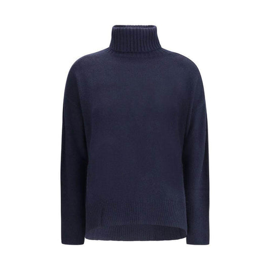 Allude Turtleneck Sweater in navy cashmere with high collar, ribbed cuffs and hem for elegant and comfortable cold season wear.