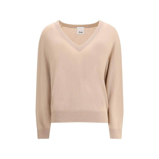 Allude Cashmere Sweater with ribbed V-neck, hem, and cuffs, showcasing a soft, modern fit for AW25. 100% Kashmir.