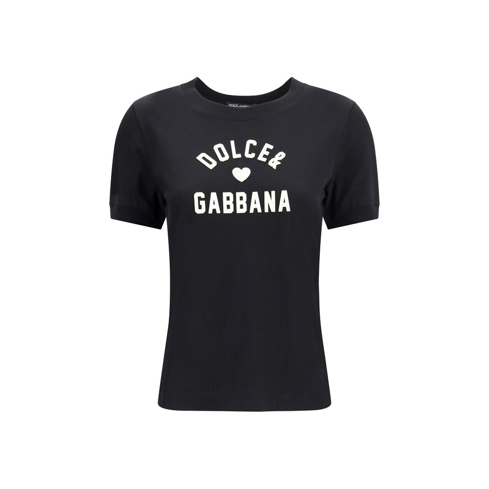 Dolce & Gabbana Black Cotton T-Shirt with logo patch and ribbed crew neck, perfect for casual wear, 100% cotton, regular fit, AW25.