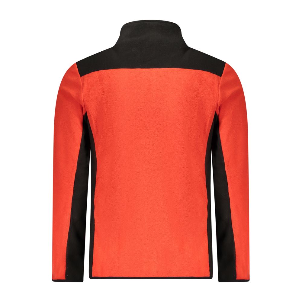 Rear view of Norway 1963 Red Polyester Men Sweater with black contrasting details and long sleeves.