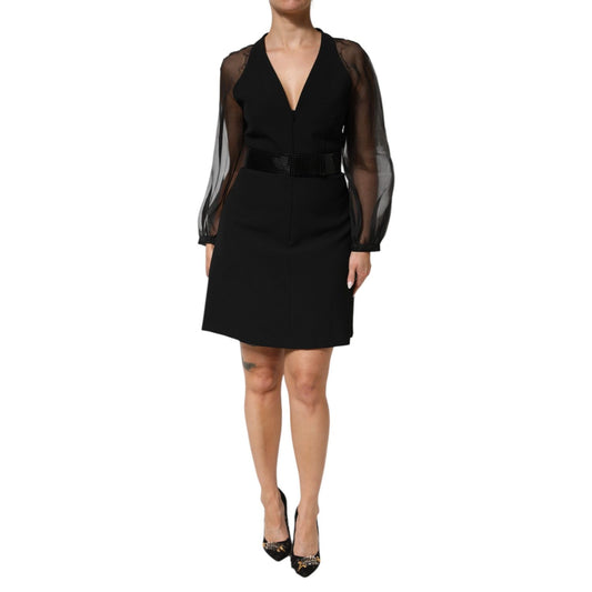 Emporio Armani Black Sheer Sleeve Belted V-Neck Mini Dress with long sleeves and deep neckline, perfect for evening events.