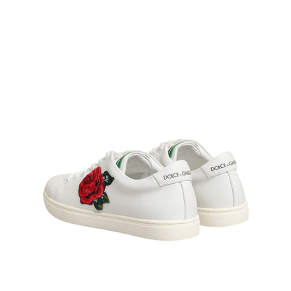 Dolce & Gabbana White Leather Rose Embroidery Low-Top Shoes