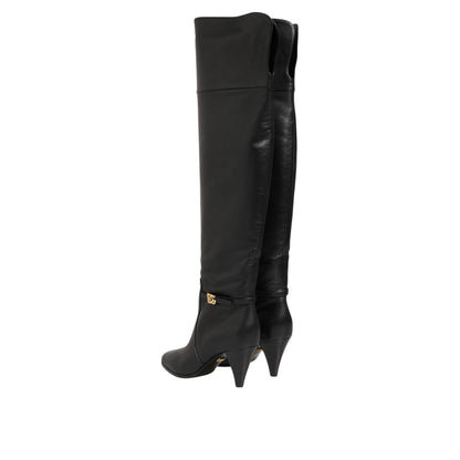 Dolce & Gabbana Black Leather Over-The-Knee DG Boots Shoes