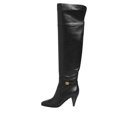Dolce & Gabbana Black Leather Over-The-Knee DG Boots Shoes