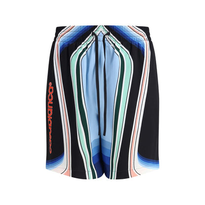 Casablanca Multicolor Silk Bermuda Shorts featuring graphic mountain print, elastic waistband, side pockets, and 100% satin silk fabric.