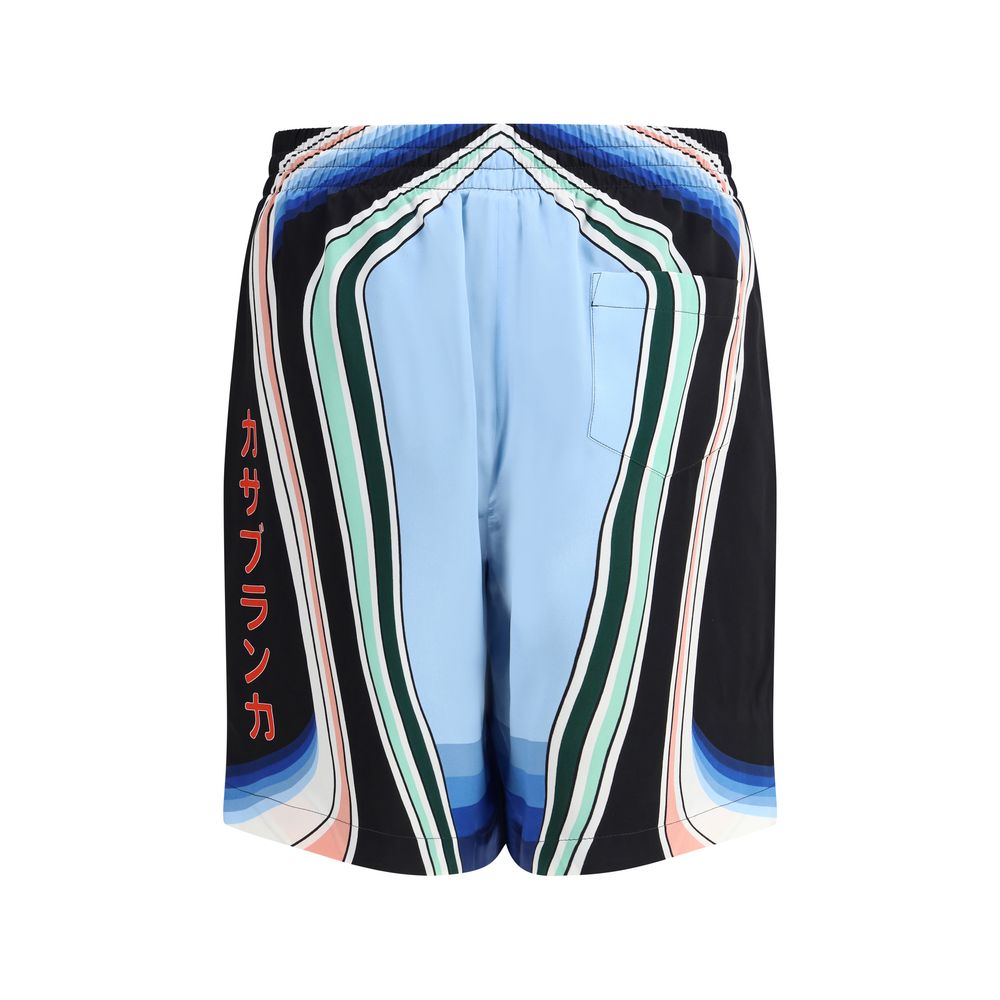 Casablanca Multicolor Silk Bermuda Shorts with graphic mountain print, elastic waistband, side and back pockets, 100% satin silk, AW25 season.
