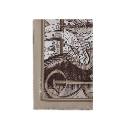 Burberry Beige Silk Scarf with Knight Engraving print, 100% silk, 90x90, depicts iconic Equestrian Knight Design, made in Italy.