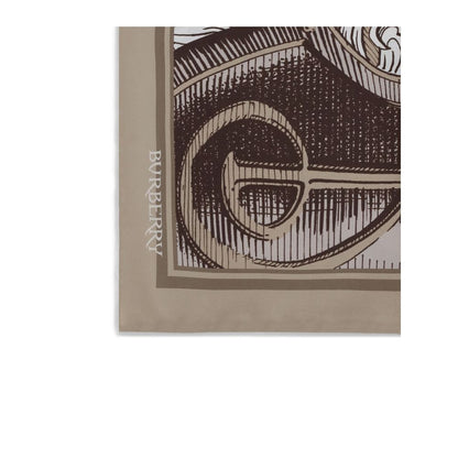 Burberry Beige Silk Scarf with antique Knight Engraving print, crafted from silk twill, depicting Equestrian Knight Design details.