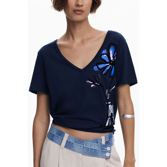 Desigual Blue Cotton Women T-Shirt with V-neck and floral print