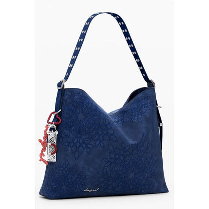 Desigual Blue Polyethylene Women Handbag with floral embroidery, showcasing versatile design and adjustable shoulder strap.